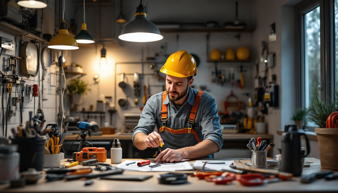 A photograph of a well-organized workspace featuring a professional electrician carefully inspecting and adjusting various types of electrical lighting fixtures