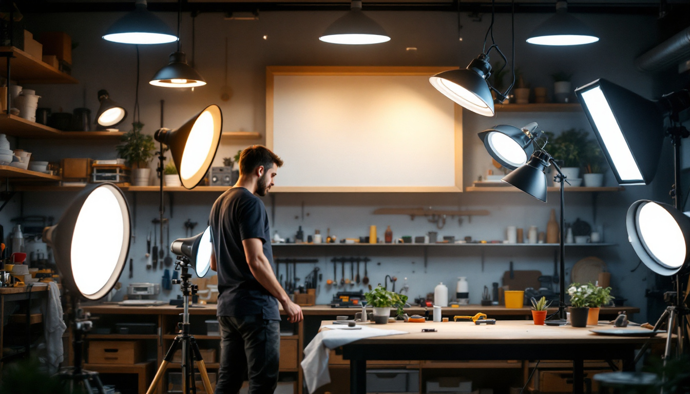 A photograph of a well-lit workspace featuring a variety of shop lights in use