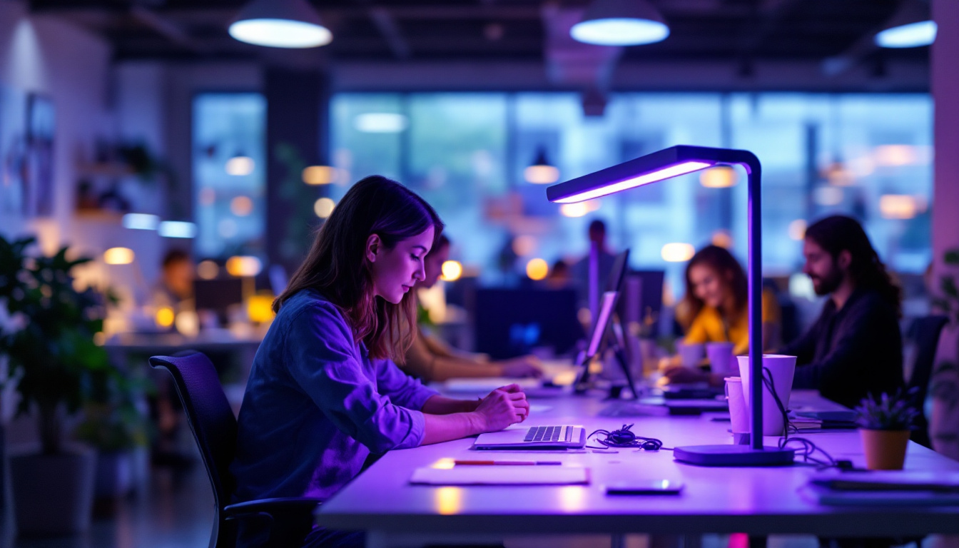 A photograph of a modern office environment featuring an ultraviolet lamp in use