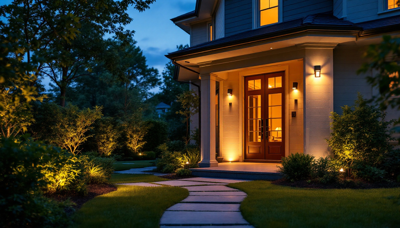 A photograph of a beautifully illuminated outdoor space showcasing strategically placed security lights that enhance both safety and aesthetic appeal