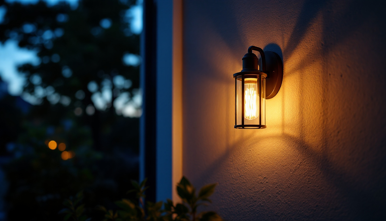A photograph of a beautifully designed exterior wall sconce light installed on a stylish home facade during twilight