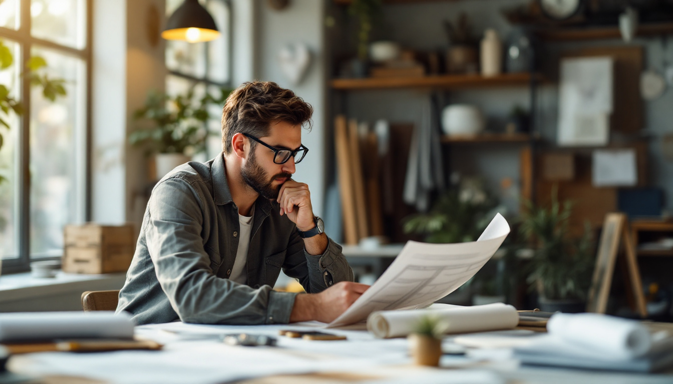 A photograph of a skilled designer or architect thoughtfully examining blueprints and materials in a well-lit workspace