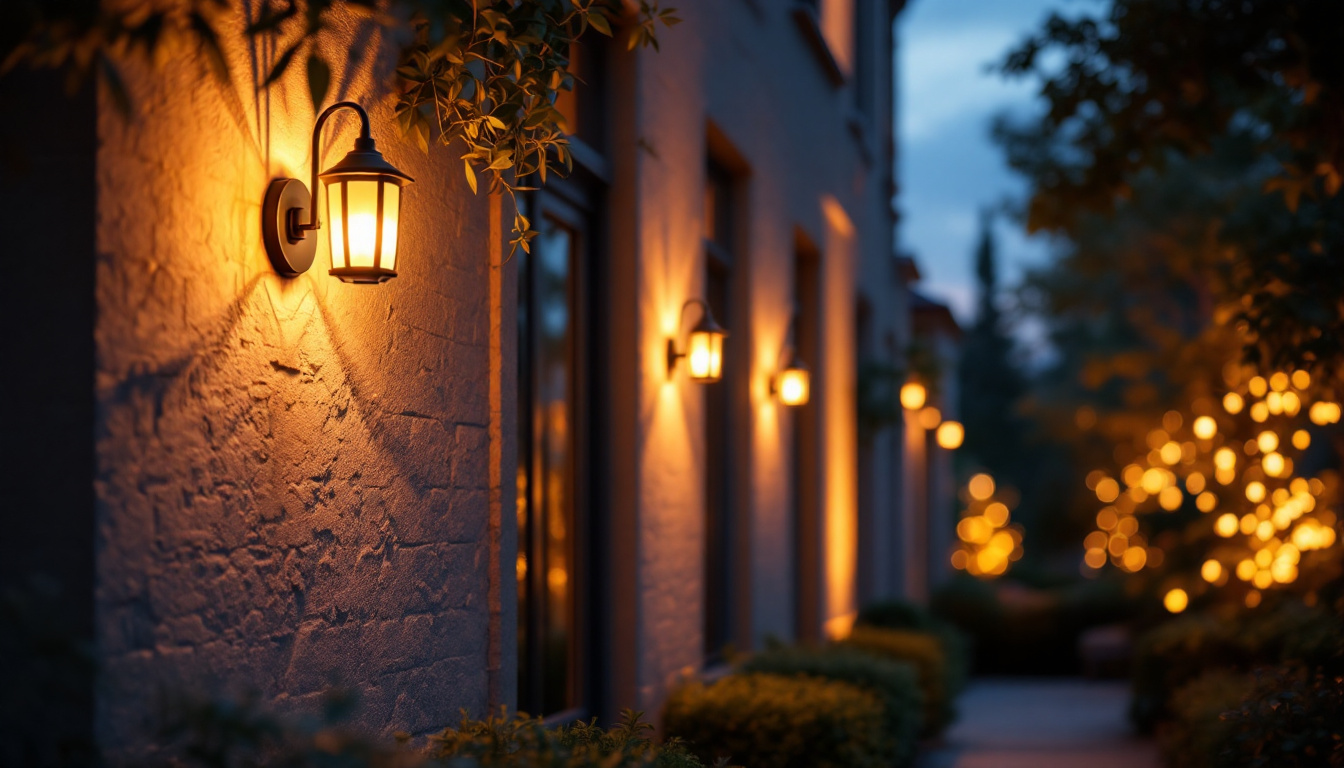 A photograph of a beautifully illuminated outdoor space featuring stylish wall lights that enhance the ambiance and highlight architectural elements