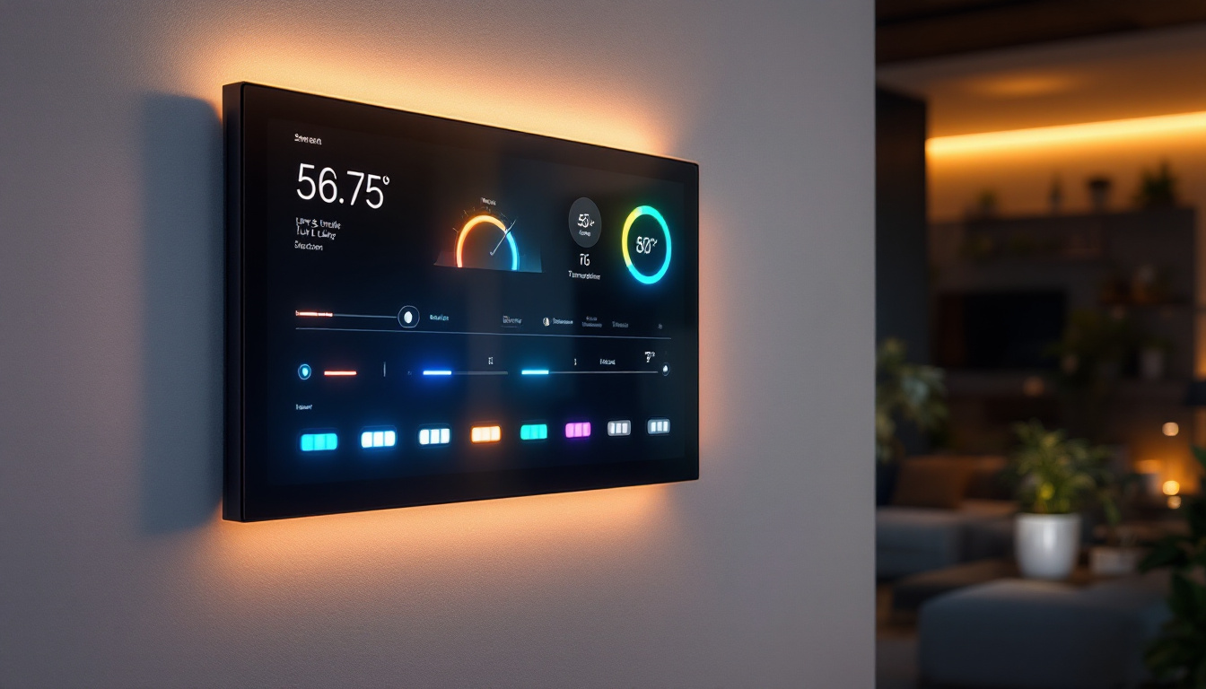 A photograph of a stylishly designed wall-mounted smart panel displaying adjustable led strip lights in various color temperatures