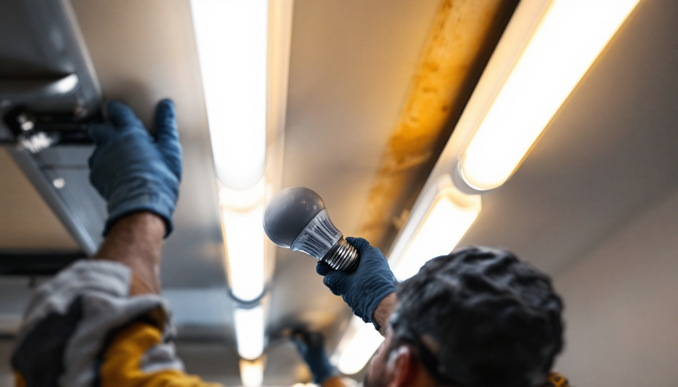 A photograph of a person carefully installing a fluorescent bulb in a well-lit setting
