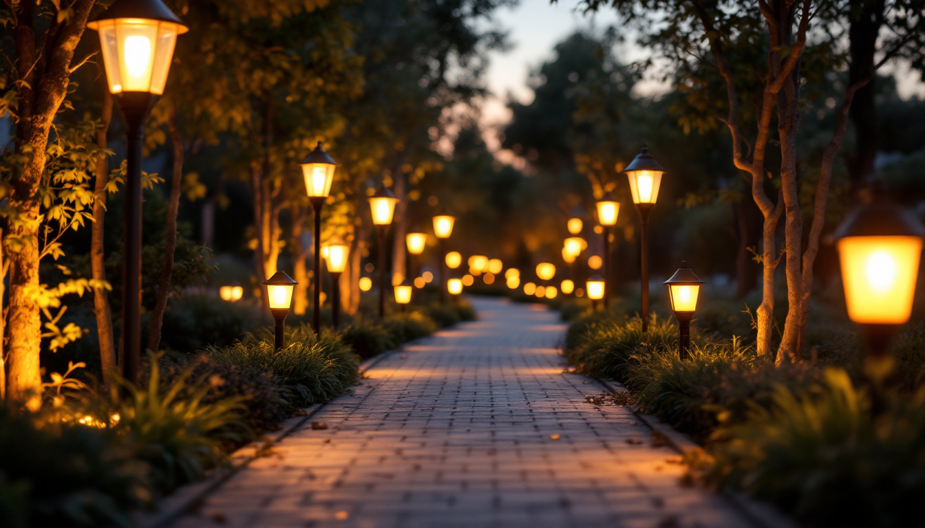 A photograph of capture a photograph of a beautifully illuminated outdoor pathway at dusk
