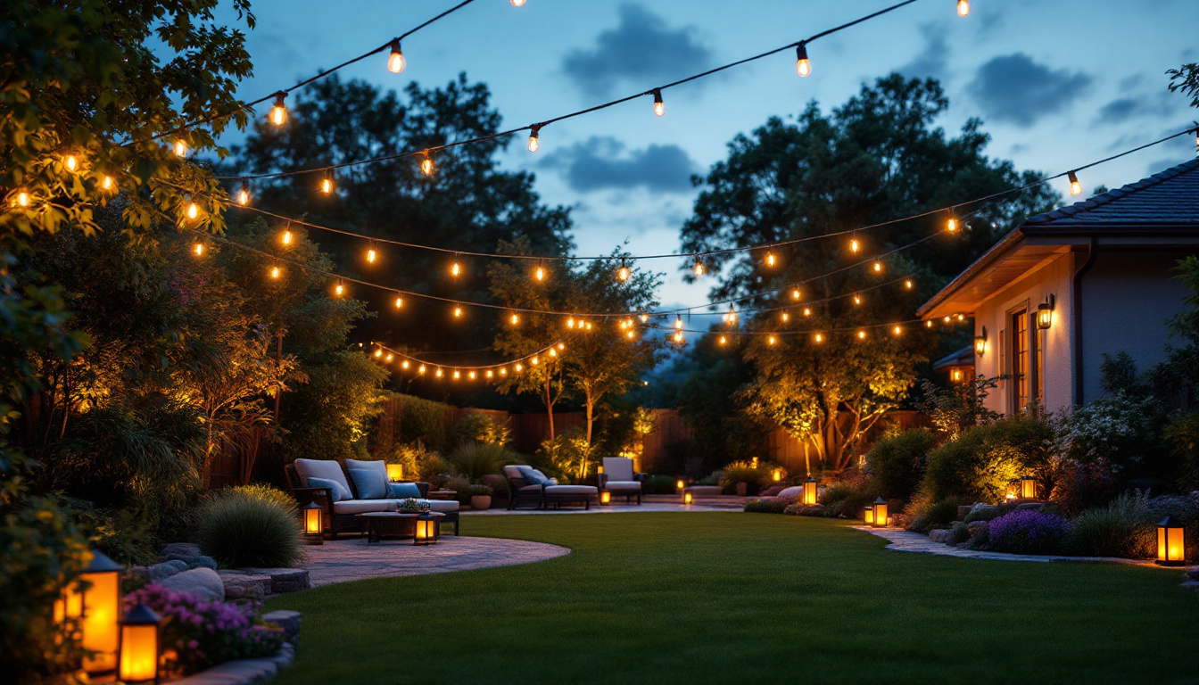 A photograph of a beautifully lit backyard scene at dusk