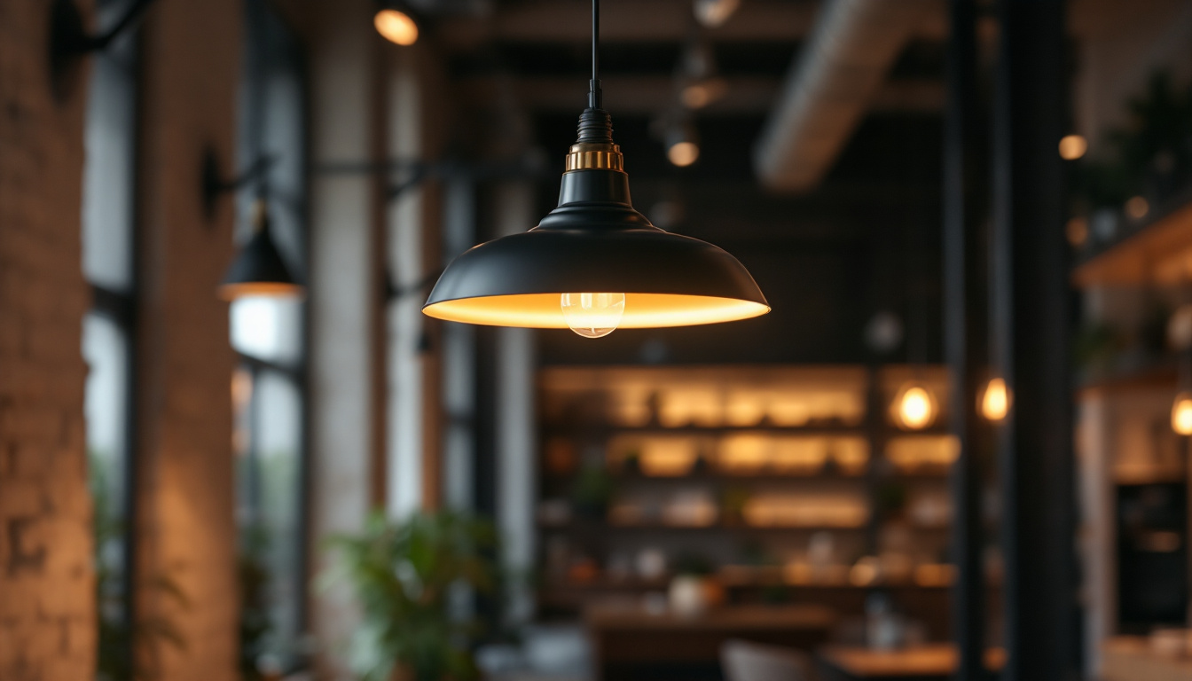 A photograph of a stylish light pendant hanging in a modern industrial or commercial space
