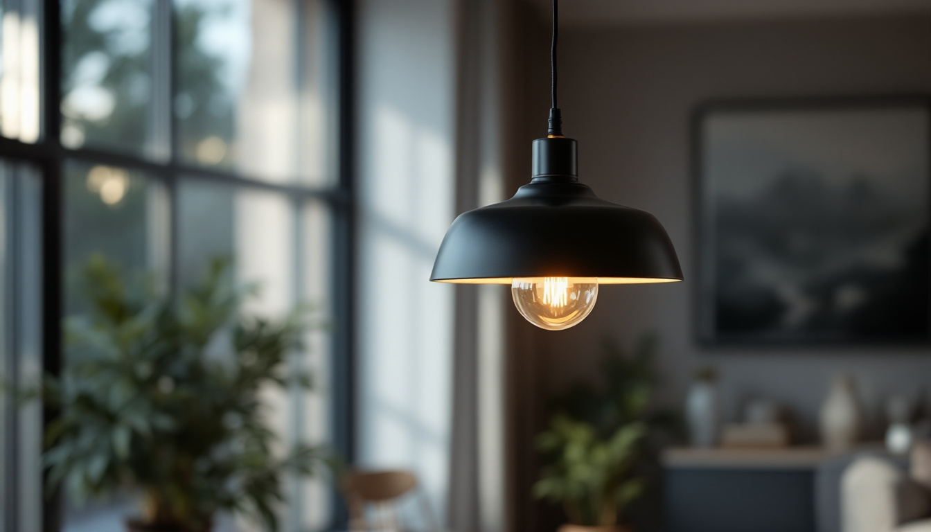A photograph of a stylish modern pendant lamp hanging in a well-lit