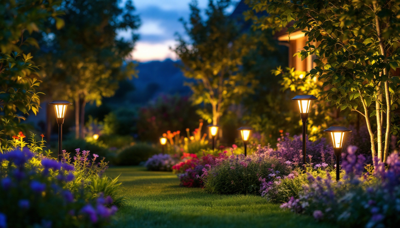 A photograph of a beautifully landscaped garden illuminated by stylish solar lights at dusk