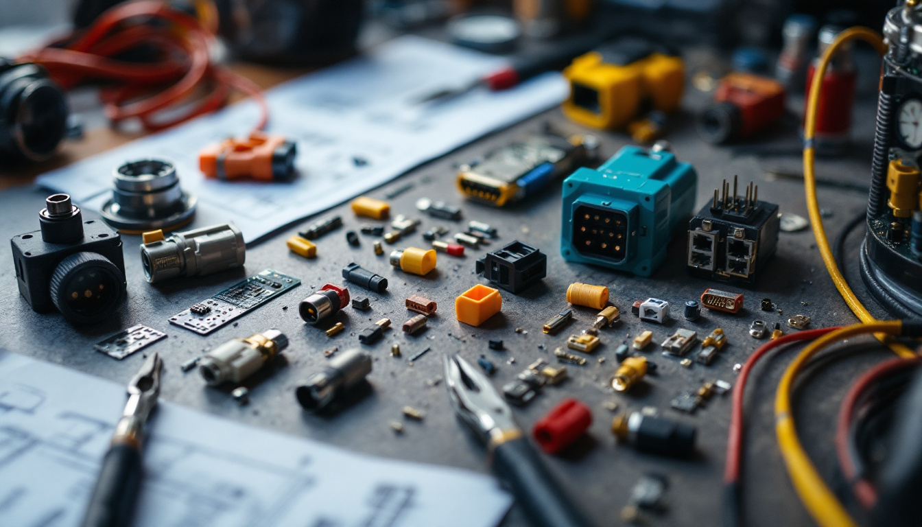 A photograph of a well-organized workspace featuring a variety of wiring connectors laid out alongside tools and a project plan