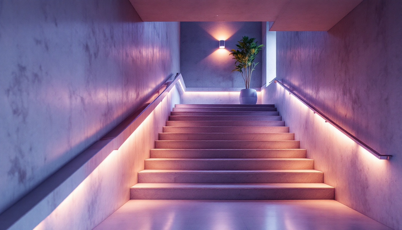 A photograph of a well-lit stairwell showcasing the interplay of natural and artificial lighting