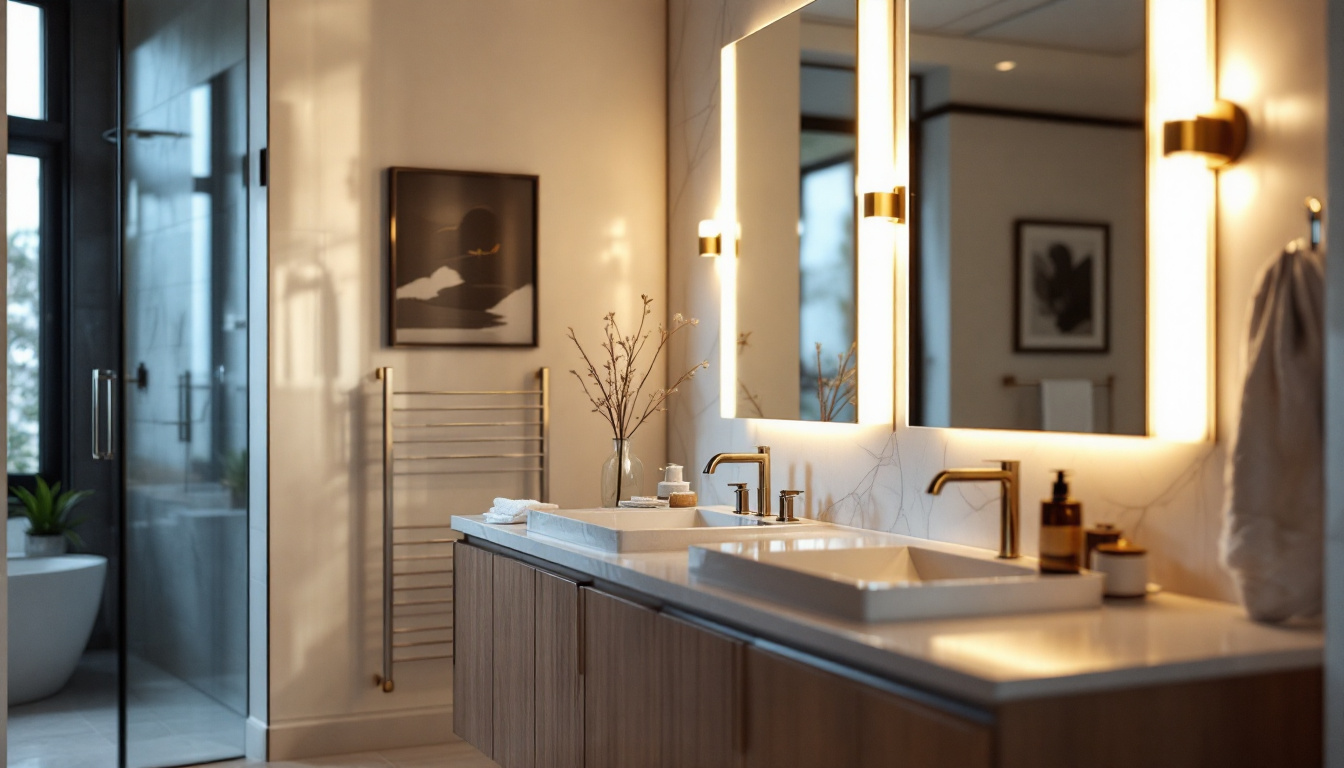 A photograph of a beautifully designed bathroom featuring an elegant arrangement of vanity lights that enhance the overall aesthetic