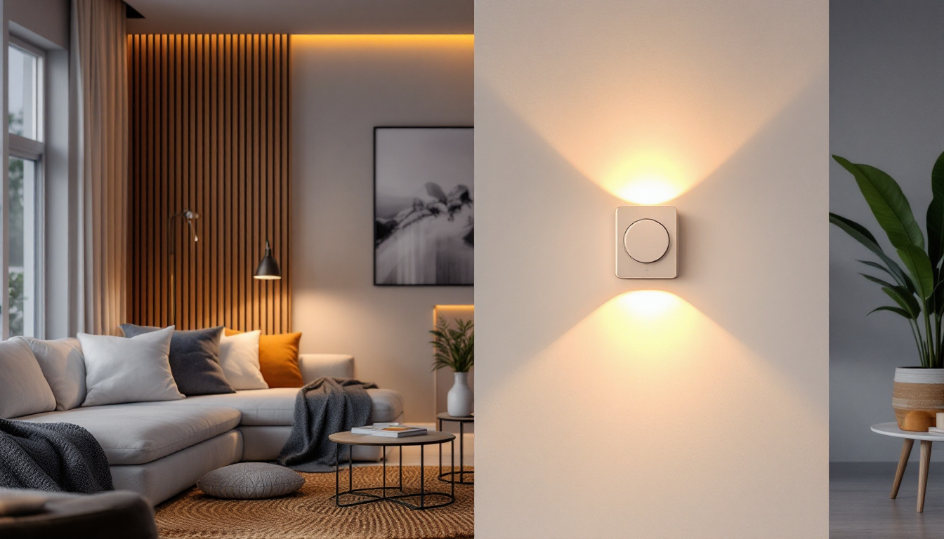 A photograph of a modern living space featuring a sleek smart light dimmer in action