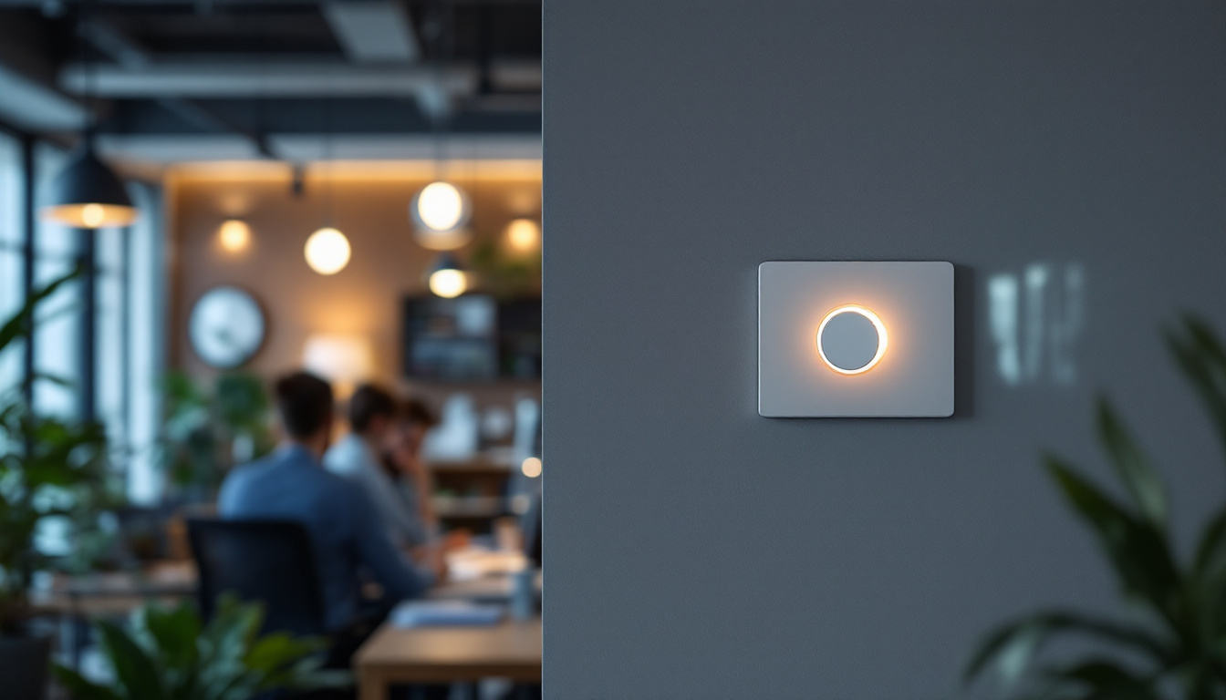 A photograph of a modern office environment showcasing a smart dimmer switch in use