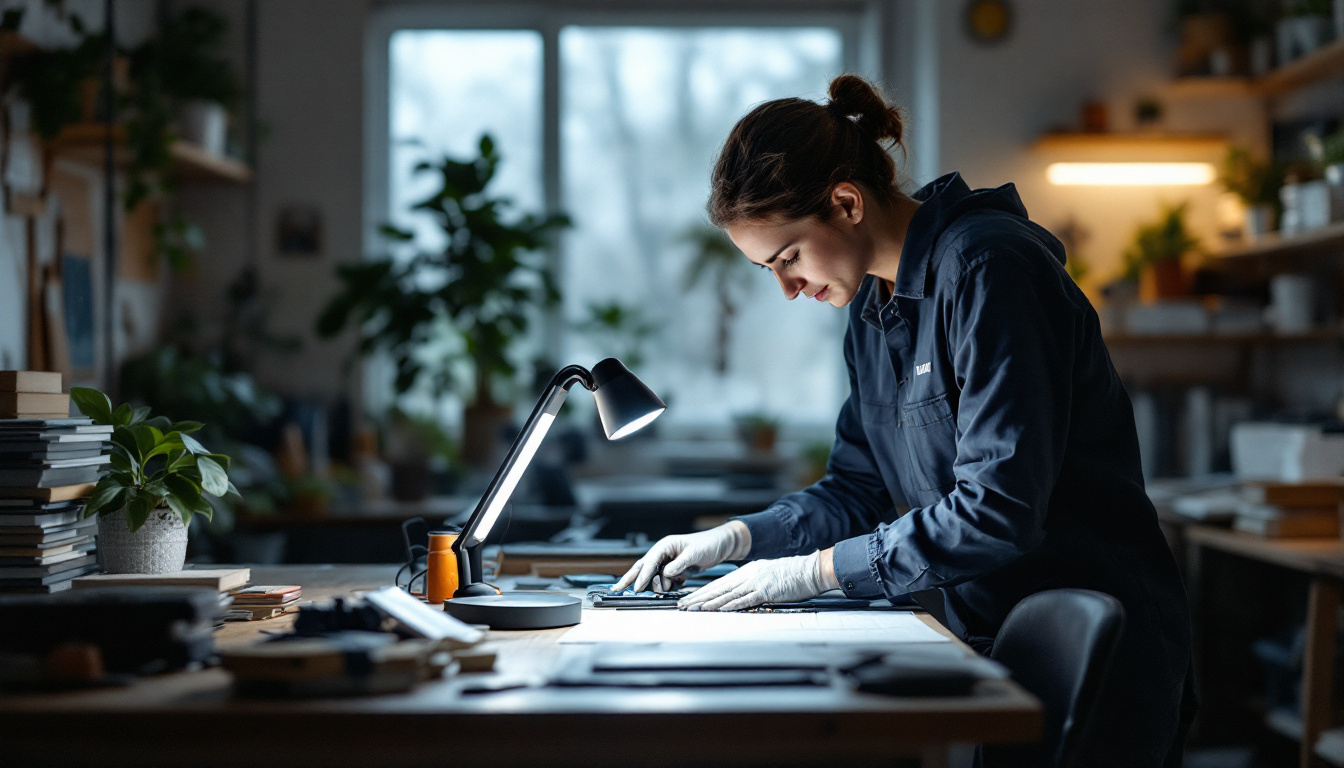 A photograph of a well-lit workspace featuring a uvo lamp in use