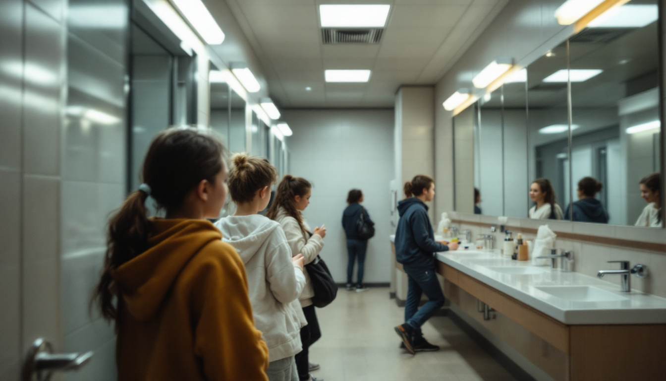 A photograph of a well-lit school bathroom that highlights the lighting fixtures and their effects on the overall ambiance
