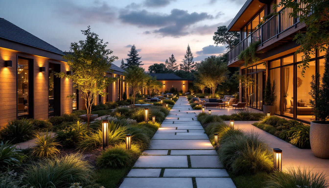 A photograph of a beautifully designed outdoor space at dusk