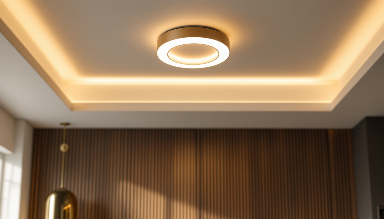 A photograph of a stylish flush ceiling light installed in a well-designed room