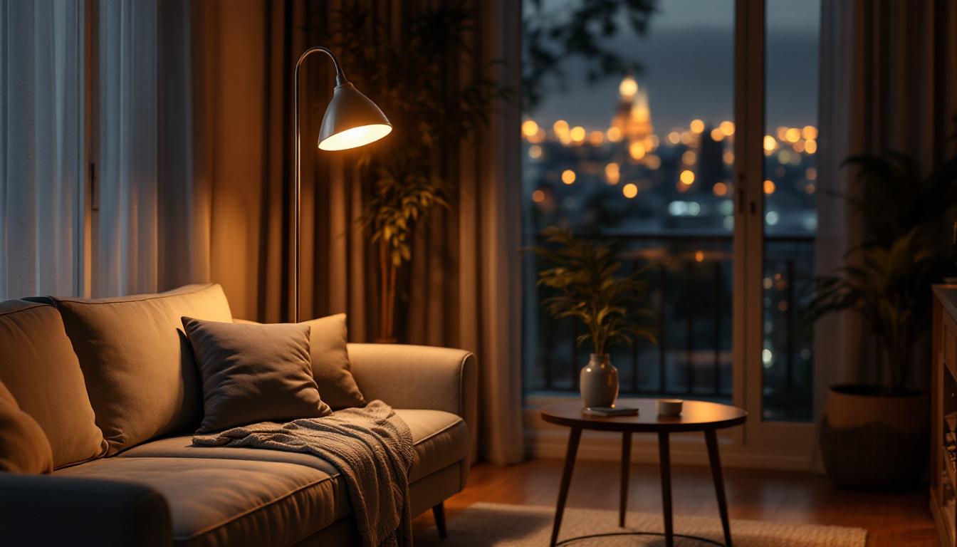 A photograph of a stylish floor lamp in a cozy