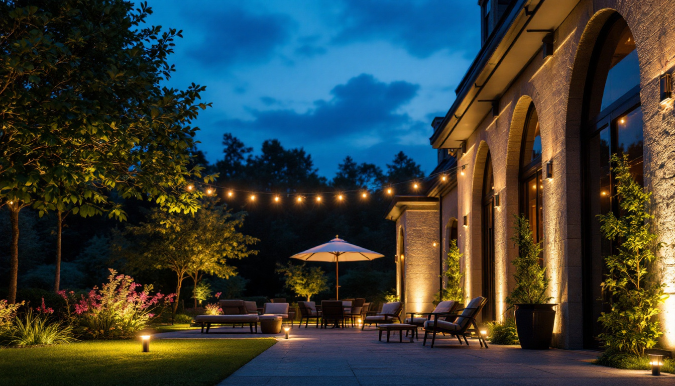 A photograph of a beautifully lit outdoor space featuring well-placed exterior can lights