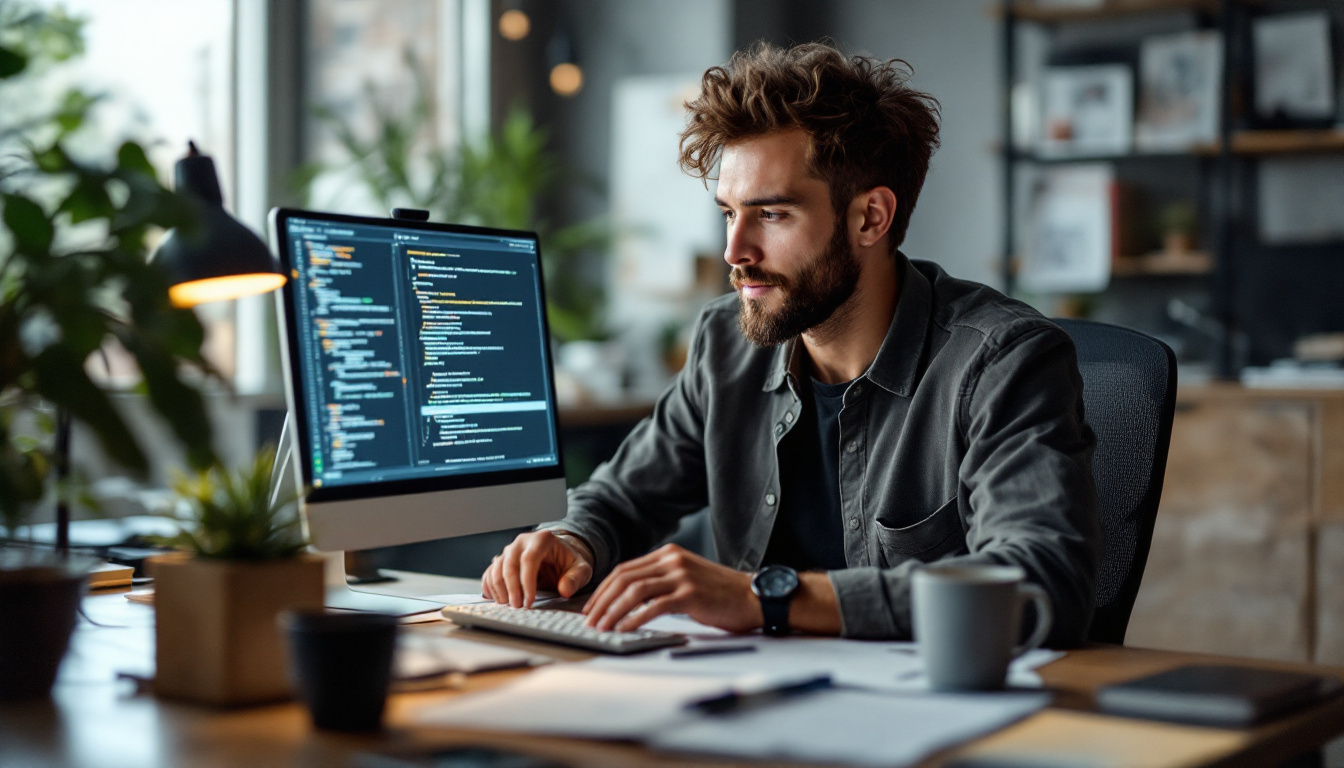 A photograph of a focused individual working on a computer