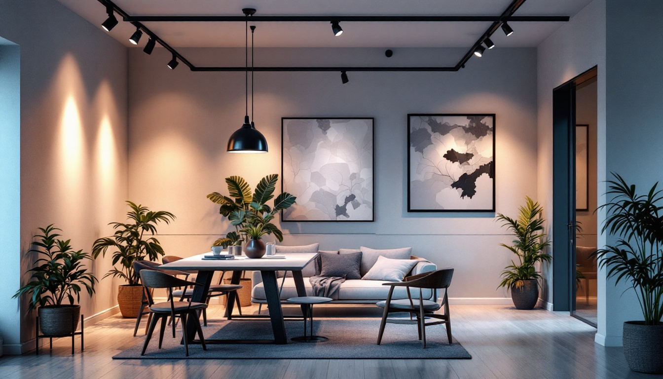A photograph of a stylish modern interior showcasing various led track lights illuminating different areas