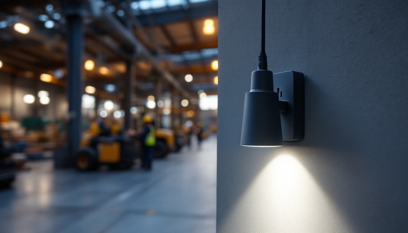 A photograph of a well-lit industrial or commercial outdoor space featuring an outdoor light fixture with an integrated outlet