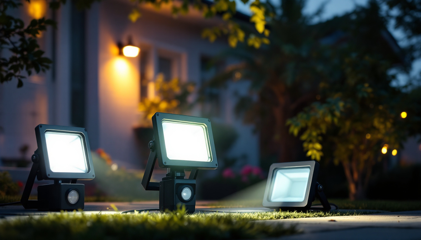 A photograph of a well-lit outdoor setting showcasing various styles of motion detector flood lights in action