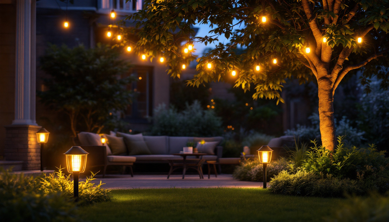A photograph of a beautifully illuminated outdoor space showcasing upgraded solar lights in a garden or patio setting at dusk