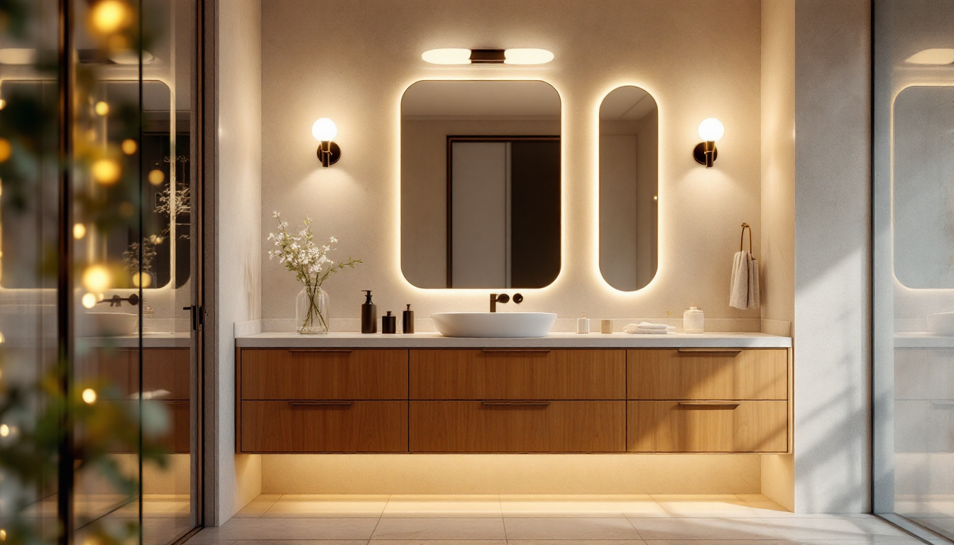 A photograph of a stylishly designed bathroom vanity featuring a variety of lighting options