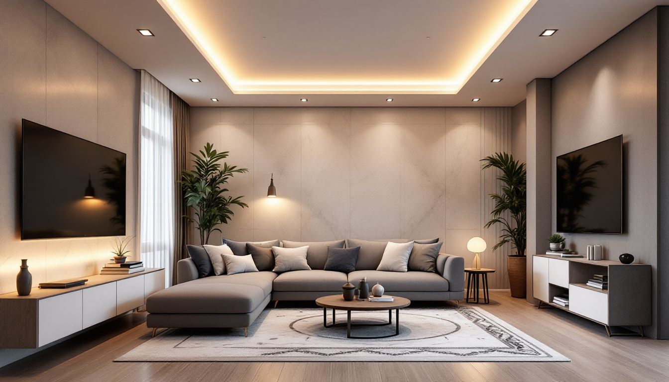 A photograph of a beautifully designed living room featuring modern led ceiling lights that illuminate the space