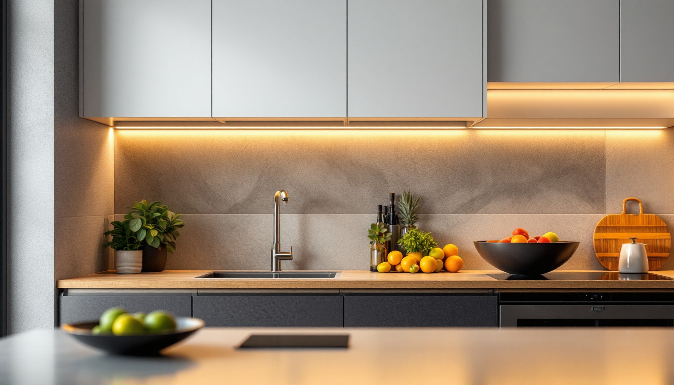 A photograph of a modern kitchen showcasing sleek led under-cabinet lighting illuminating the workspace