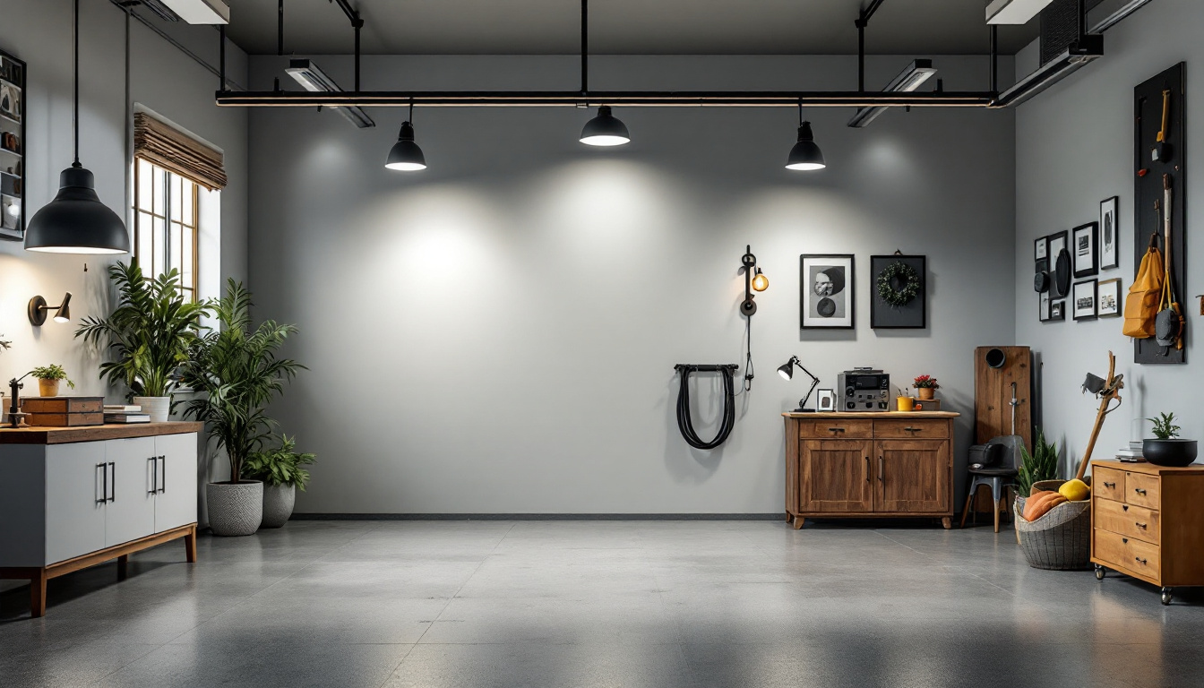 A photograph of a well-lit garage showcasing a variety of stylish and functional lighting options