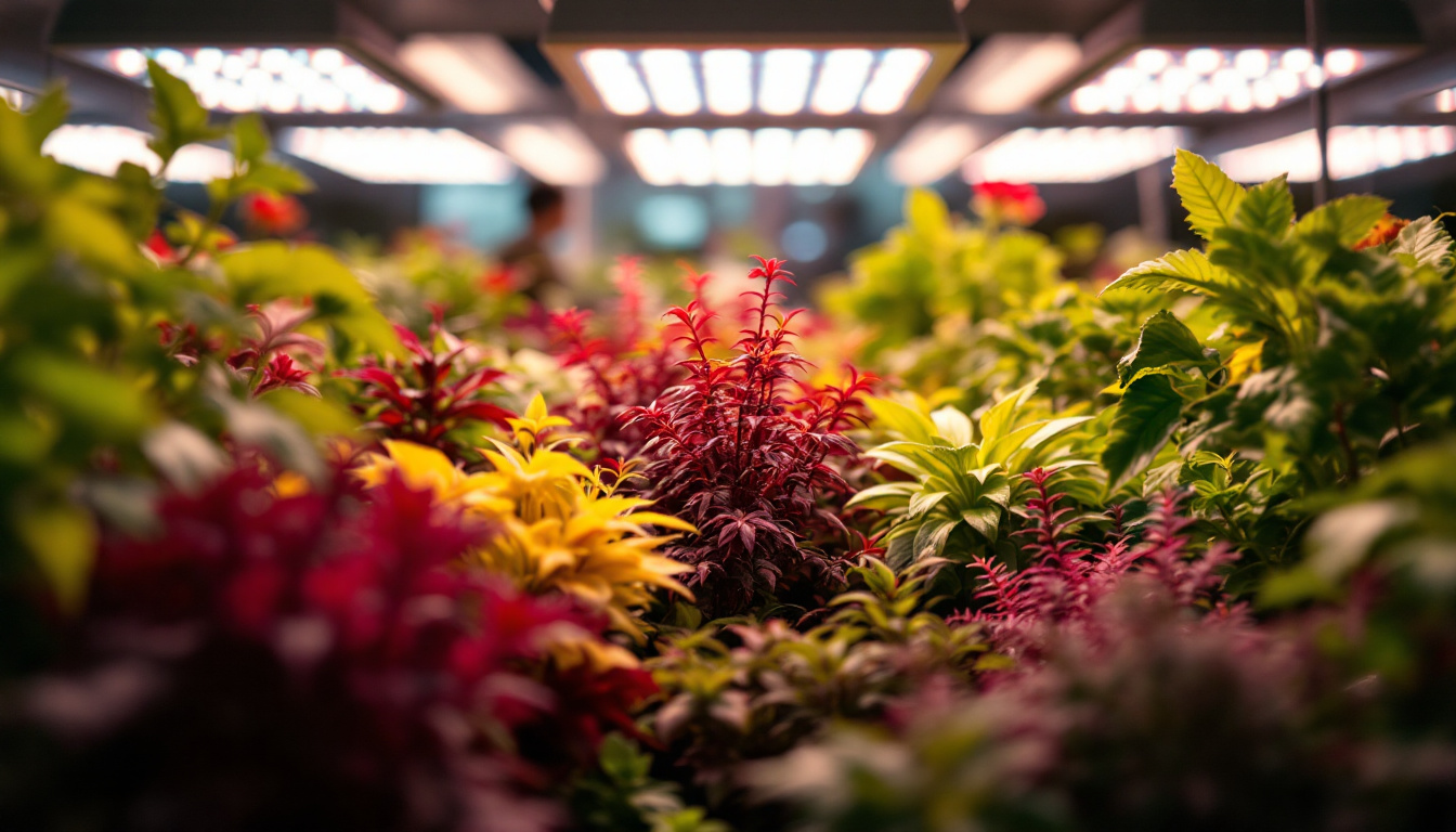 A photograph of a vibrant indoor garden filled with a variety of thriving plants illuminated by an array of led grow lights
