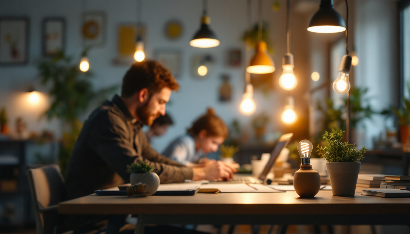 A photograph of a well-lit workspace featuring various energy-efficient light bulbs in use