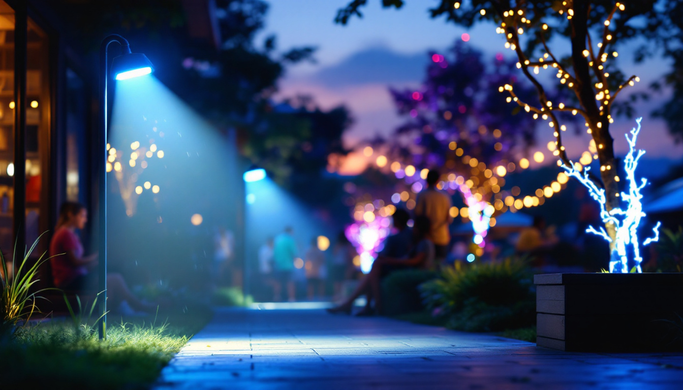 A photograph of a vibrant outdoor scene at dusk featuring waterproof led flood lights illuminating a pathway or outdoor area