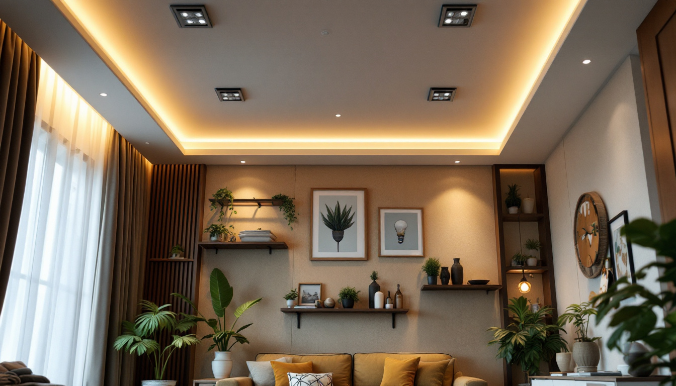 A photograph of a modern living space featuring a stylish ceiling with recessed lighting that highlights eco-friendly design elements