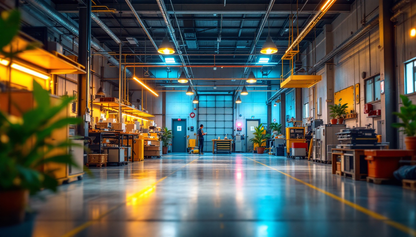 A photograph of a vibrant industrial workspace showcasing 12v led ribbon lights creatively integrated into various applications