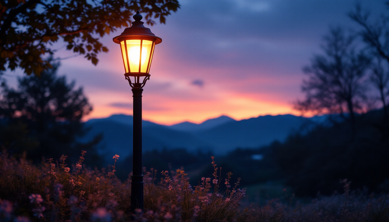 A photograph of a beautifully illuminated outdoor pole lamp in a scenic setting
