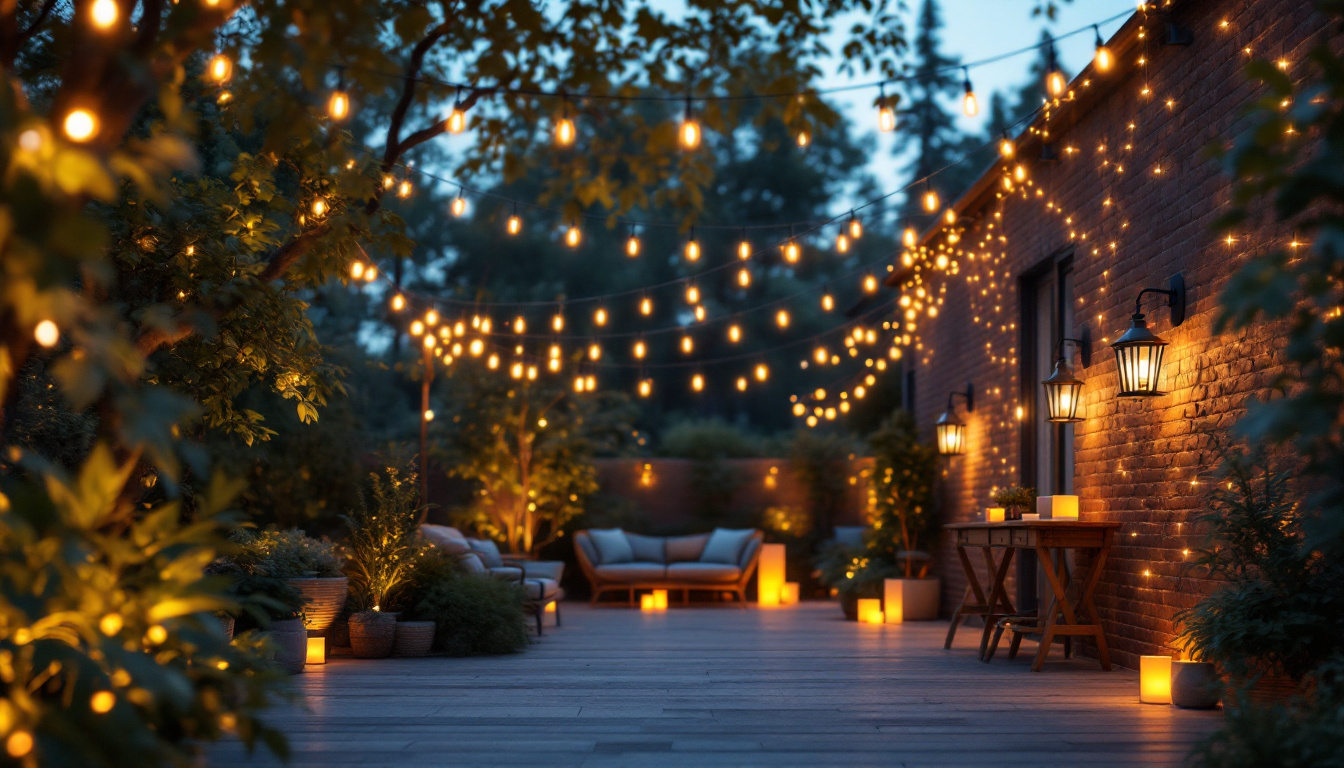 A photograph of a beautifully lit outdoor space featuring a variety of stylish lighting fixtures