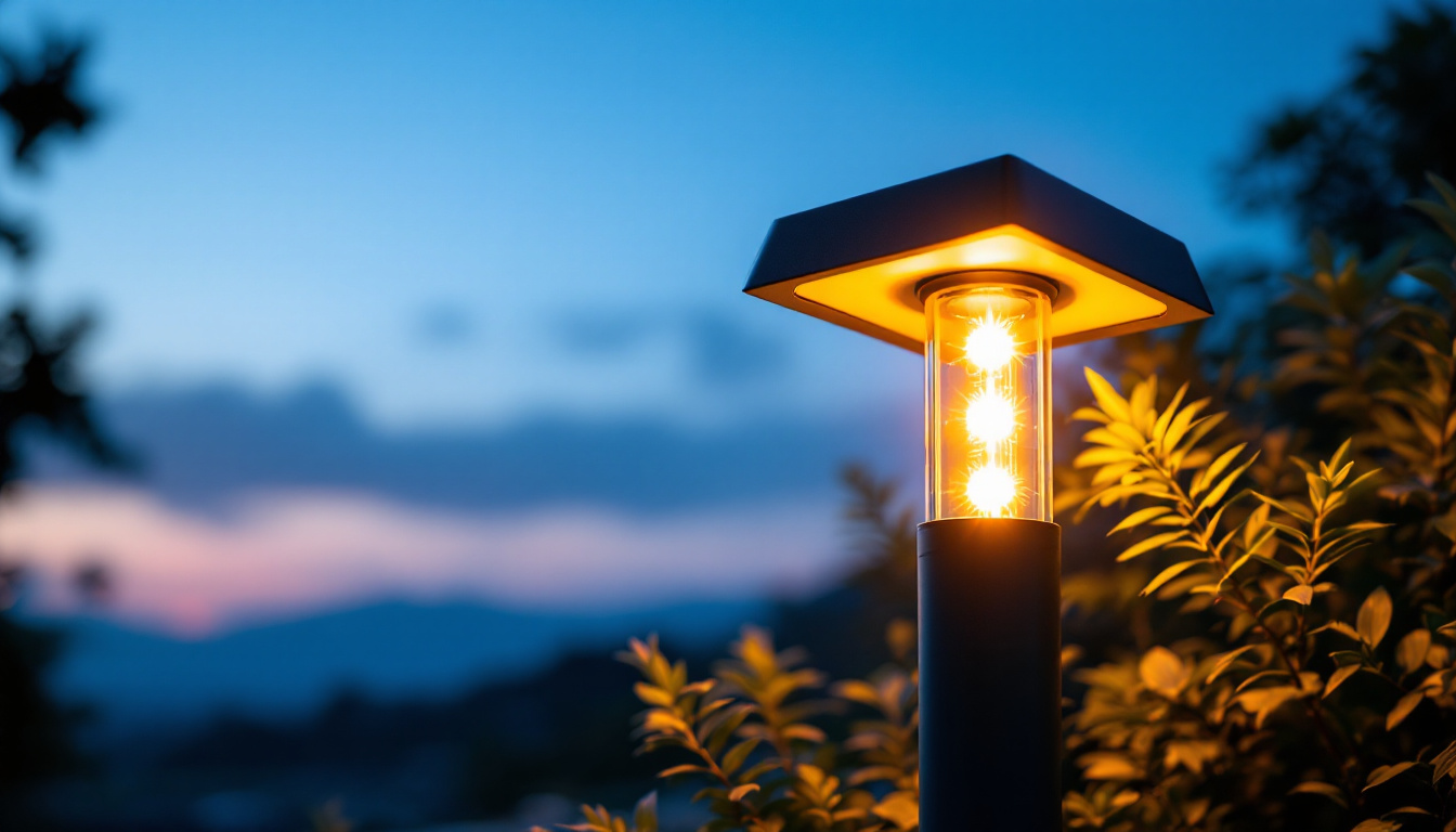 A photograph of a beautifully illuminated solar post light in a serene outdoor setting during twilight