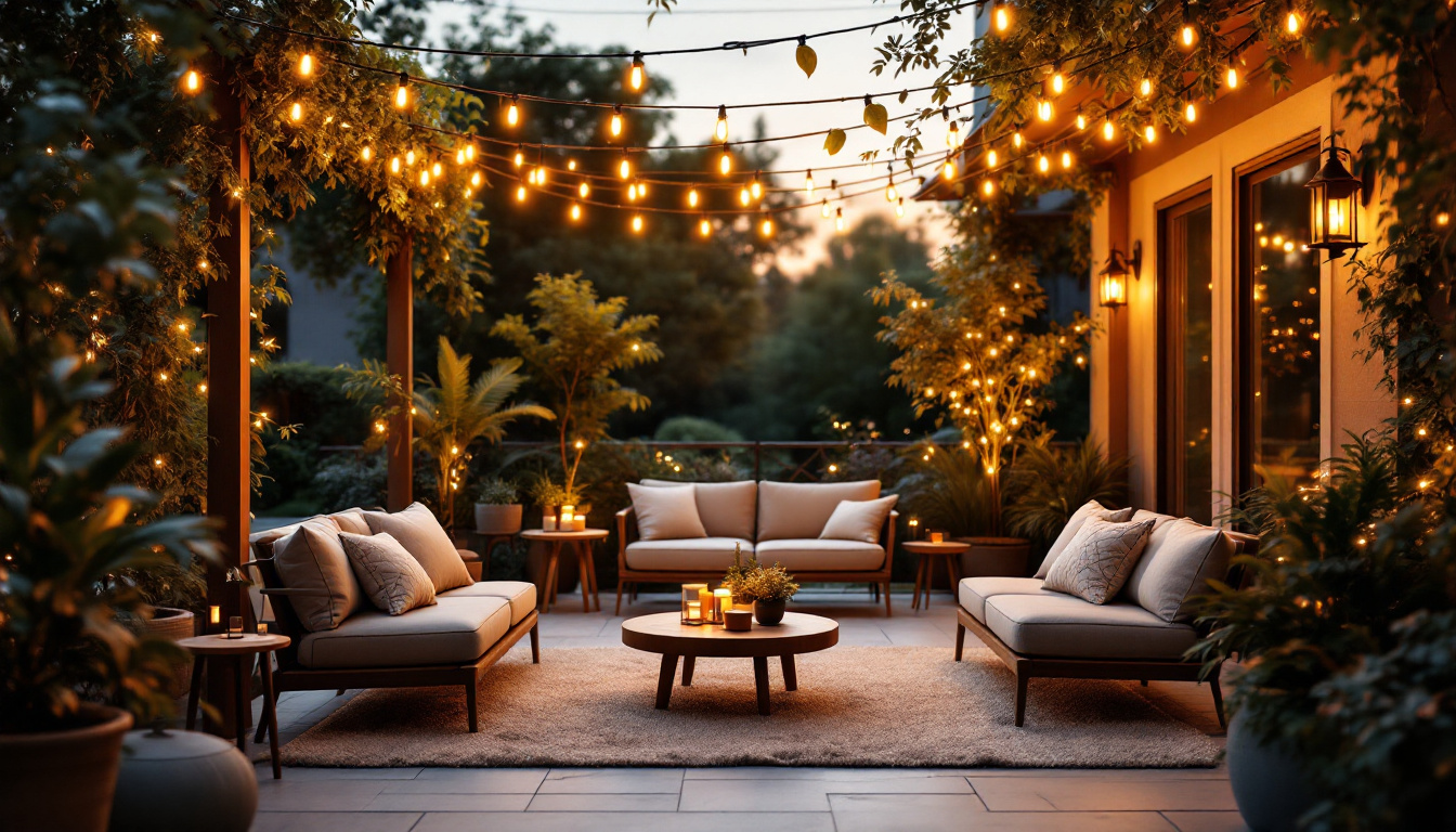 A photograph of a beautifully arranged outdoor patio scene at dusk