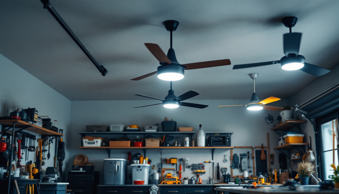 A photograph of a well-lit garage featuring stylish and functional ceiling fans