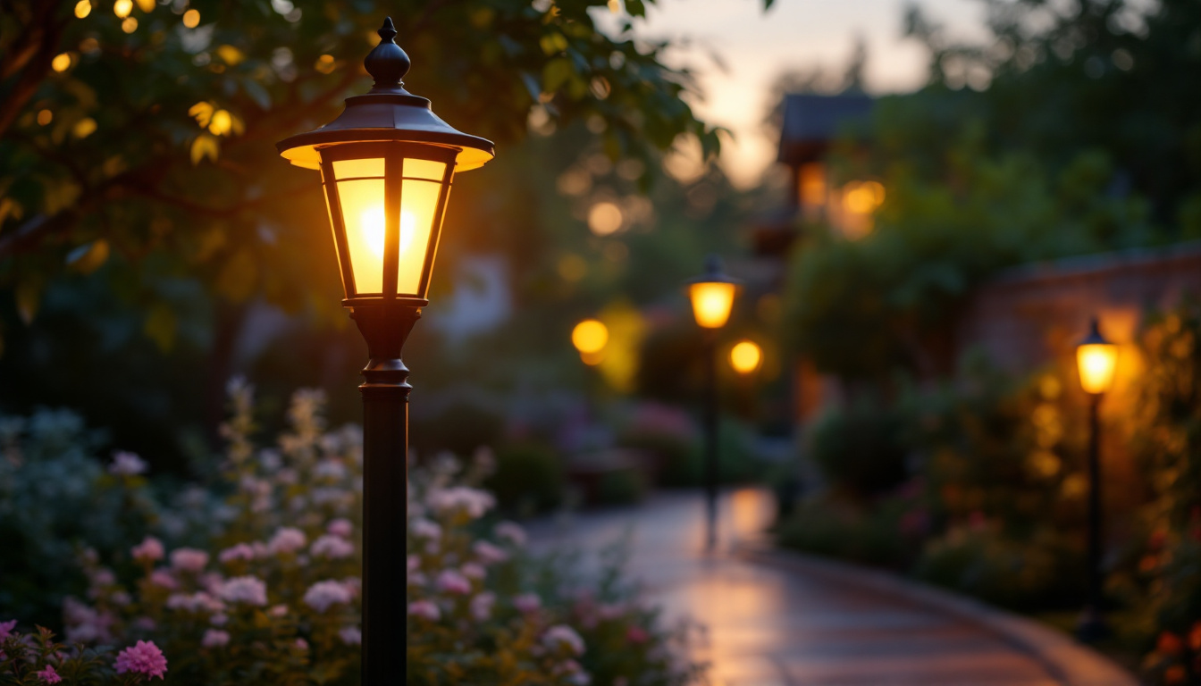 A photograph of a beautifully designed post lamp illuminating a pathway or garden at dusk