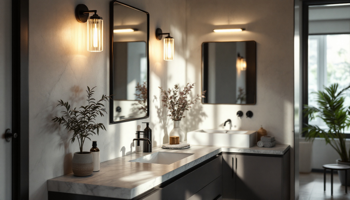 A photograph of a beautifully designed bathroom featuring stylish vanity lights that highlight the space's aesthetic