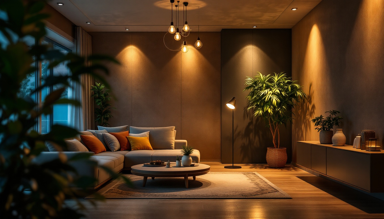A photograph of a stylish and modern living space illuminated by recessed can lights