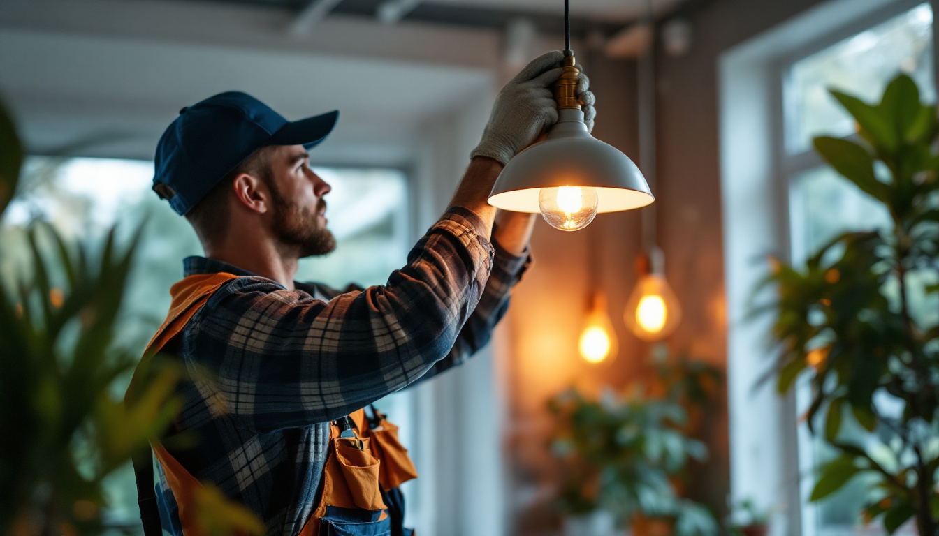 A photograph of a skilled electrician installing a stylish hanging light fixture in a modern interior space