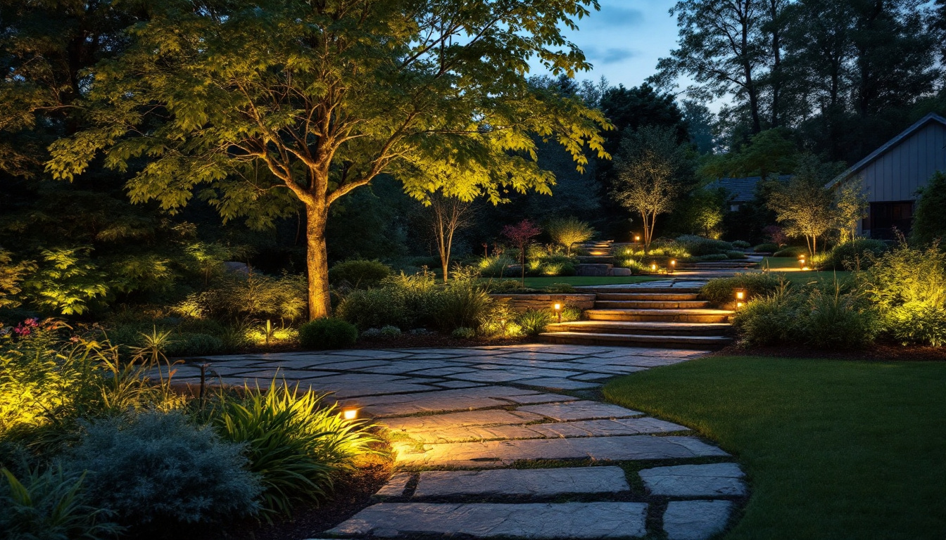 A photograph of a beautifully illuminated outdoor landscape featuring strategically placed landscape lights that enhance the natural beauty of the surroundings