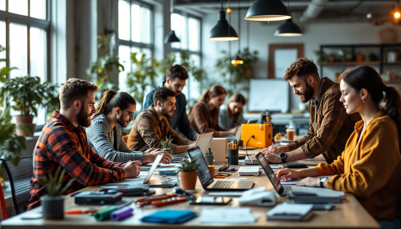 A photograph of a dynamic workspace featuring a diverse group of professionals actively collaborating with various electricity tools and technology